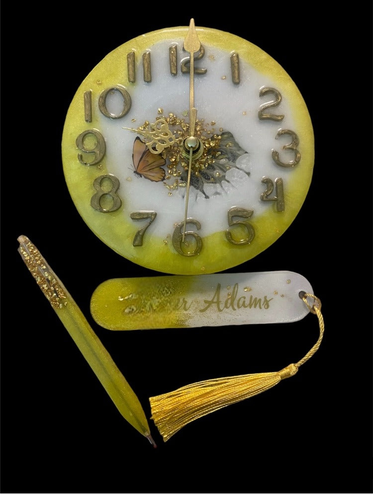 Handmade Resin Clock, Bookmark, & Pen  Resin/Epoxy (Customizable)